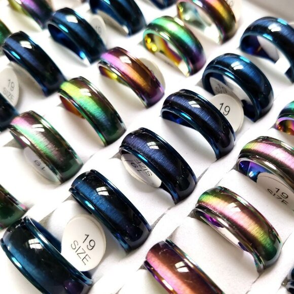 Rainbow & Blue Glossy Stainless Steel Rings - Picture 4 of 6